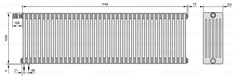 Схема (чертеж) Радиатор Zehnder Charleston 6100/38 №V001 Белый глянцевый RAL 9016